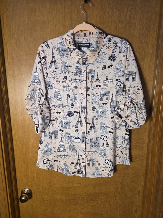Karl Lagerfeld Tops - Karl Lagerfeld Cream Pink Paris-Print Button Front Shirt